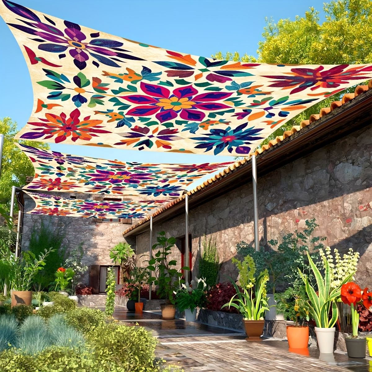 Outdoor Camping Gazebo - เต็นท์กันแดดลายดอกไม้สีสันสดใส ผ้าใบคลุมปิกนิกแบบพกพา ผ้าคลุมตกแต่งระเบียงชายหาด เต็นท์แคมป์ปิ้ง