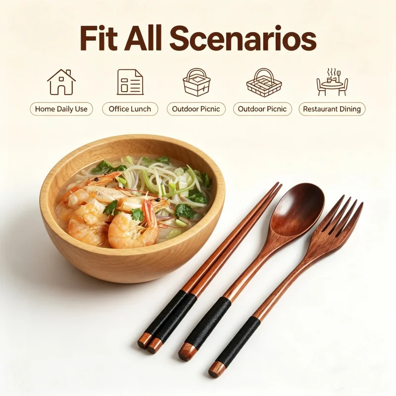 Camp Utensil Set - ชุดอุปกรณ์รับประทานอาหารไม้เนื้อแข็ง 3 ชิ้น ชุดช้อนส้อมตะเกียบพกพาสำหรับผู้ใหญ่ พร้อมด้ามจับกันลื่น ทนความร้อน