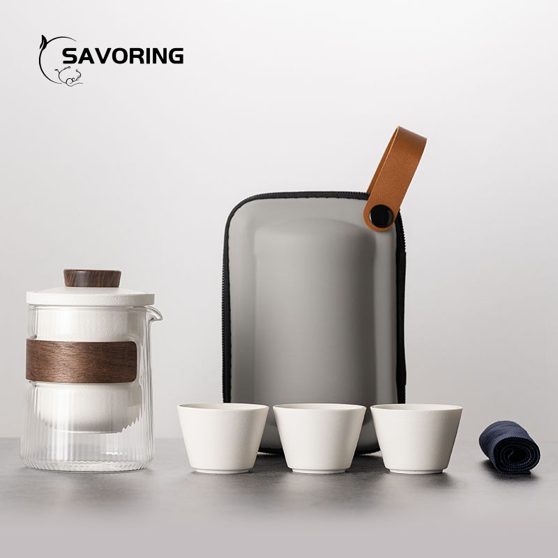 Camp Utensil Set - Simple เซรามิคจีนชุดชา 1 หม้อ 3 ถ้วยพร้อมกระเป๋าเดินทางชุดชา
