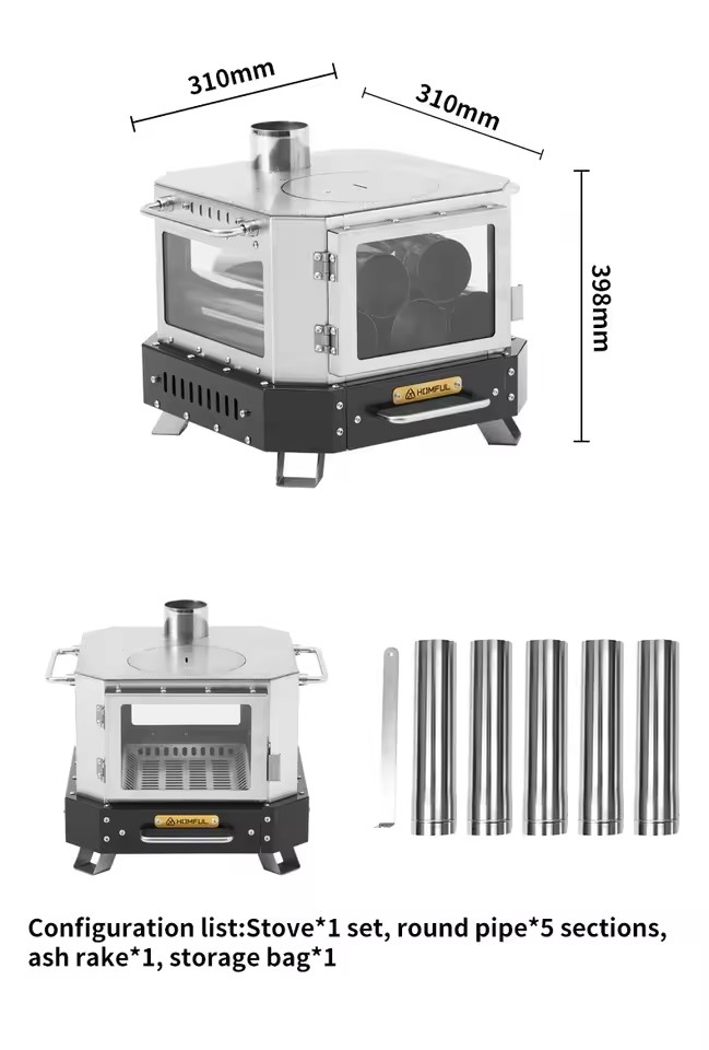 Outdoor Camping Oven - เตาไม้พกพา HOMFUL สำหรับให้ความร้อนในบ้าน เตาเผาไม้แบบพกพา อุปกรณ์ทำอาหารสำหรับตั้งแคมป์กลางแจ้ง ชุดอุปกรณ์ครบครัน