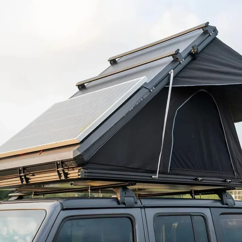 Outdoor Camping Gazebo - เต็นท์หลังคาแข็งทรงสามเหลี่ยมอลูมิเนียมคุณภาพสูงสำหรับ 3-4 คน พร้อมแผงโซลาร์เซลล์ อุปกรณ์ตั้งแคมป์กลางแจ้ง