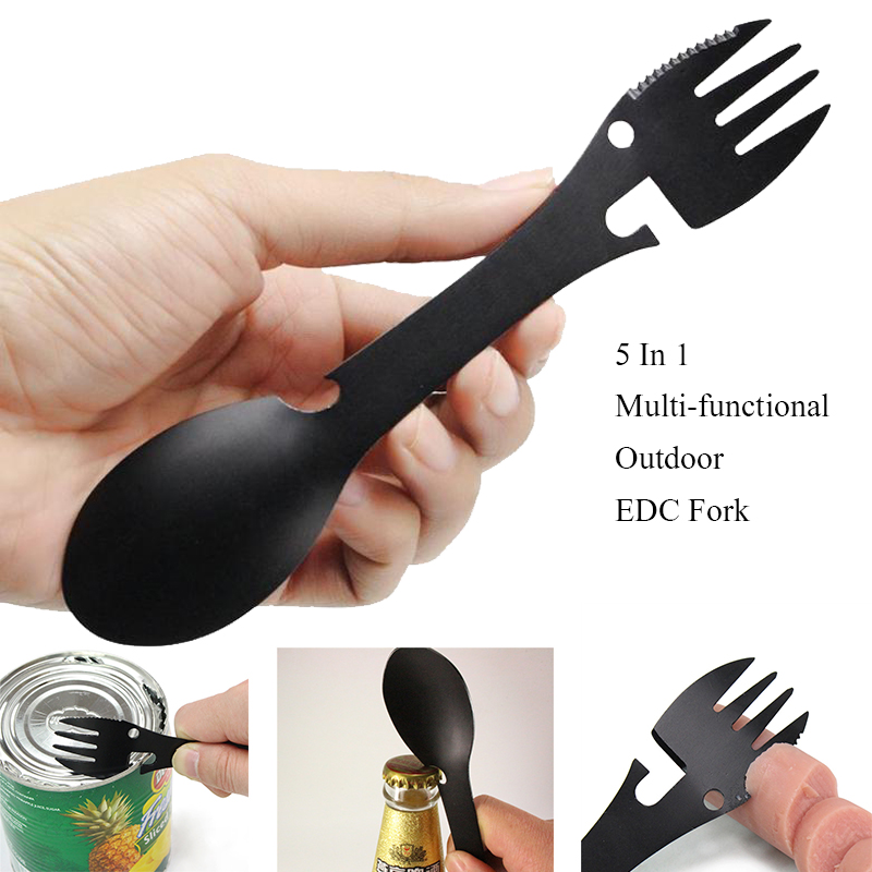 Camp Utensil Set - ชุดอุปกรณ์ตั้งแคมป์สแตนเลส อุปกรณ์เอาตัวรอดกลางแจ้ง 5 in 1 ชุดช้อนส้อมสำหรับเดินทาง