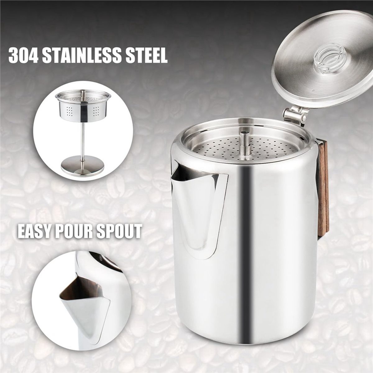 Camp Percolator Coffee - หม้อต้มกาแฟแบบพกพาสำหรับตั้งแคมป์ ใช้กับเตาแก๊สได้ หม้อต้มกาแฟสแตนเลสสำหรับทำกาแฟกลางแจ้ง ความจุ 9 ถ้วย
