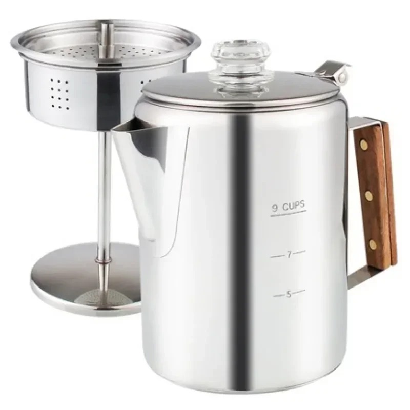 Camp Percolator Coffee - หม้อต้มกาแฟสเตนเลสสตีลแบบพกพา พร้อมด้ามจับไม้ ใช้กับเตาได้ เหมาะสำหรับการตั้งแคมป์และใช้ในบ้าน