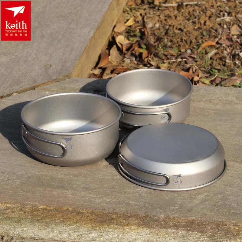 Camp Utensil Set - Keith 3PCS ไทเทเนียมเครื่องครัวกระทะชามชุดพับ Cook ชุดเดินทางกลางแจ้งการล่าสัตว์ตั้งแคมป์ชุดทําอาหาร Ti6053