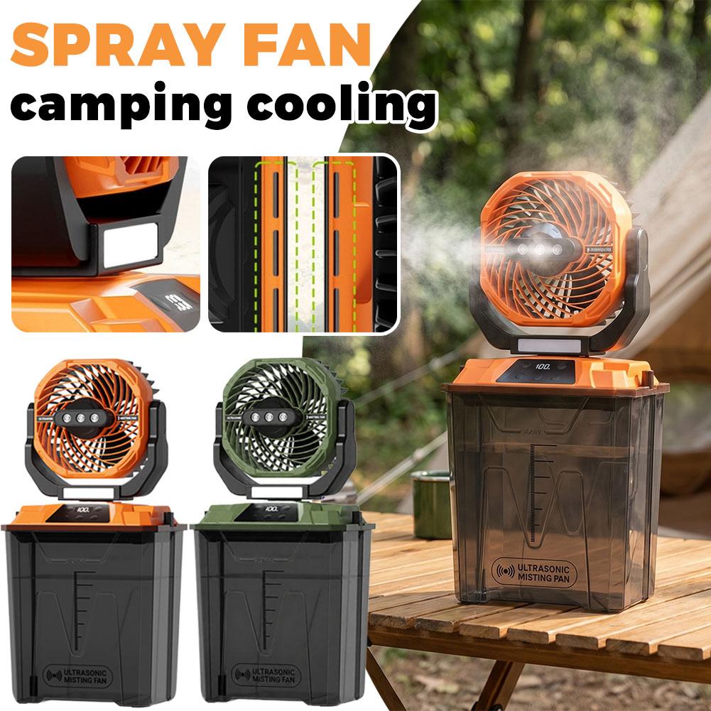 Outdoor Camping Gazebo - พัดลมพ่นละอองน้ำแบบพกพาสำหรับตั้งแคมป์ รุ่นใหม่ พร้อมไฟเต็นท์ ชาร์จไฟได้ ปรับส่ายได้ แบตเตอรี่