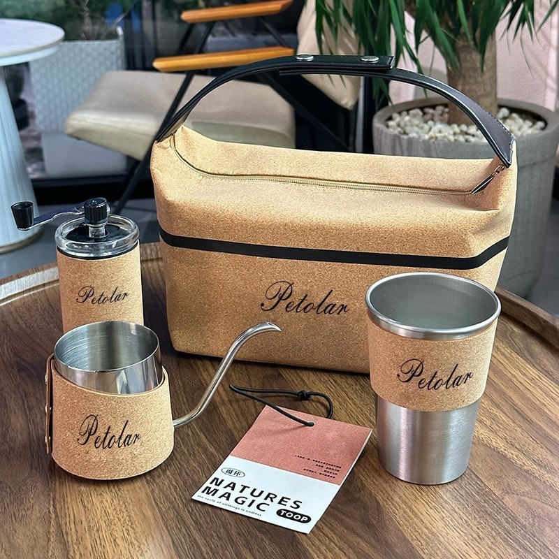 Camp Percolator Coffee - แก้วกาแฟสแตนเลส 304 สำหรับแคมป์ปิ้ง - ชุดของขวัญกาแฟแบบเทลง พร้อมปลอกหุ้มฉนวนไม้ก๊อก