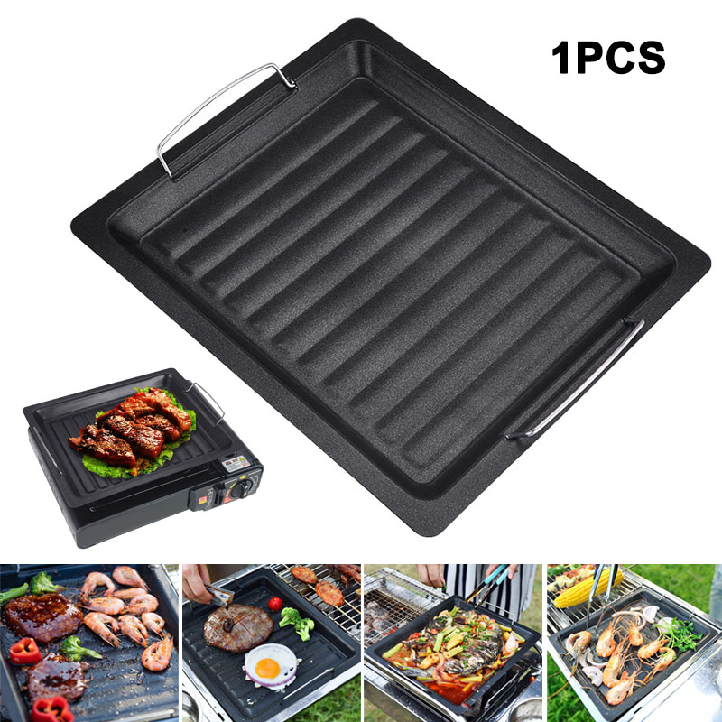 Camp Cooking Set - กระทะย่างทรงสี่เหลี่ยมหนาสำหรับใช้งานกลางแจ้ง พร้อมหูจับสองข้าง กระทะย่างเคลือบกันติดแบบพกพา ถาดอบสำหรับทำบาร์บีคิว แคมป์ปิ้ง และทำอาหาร