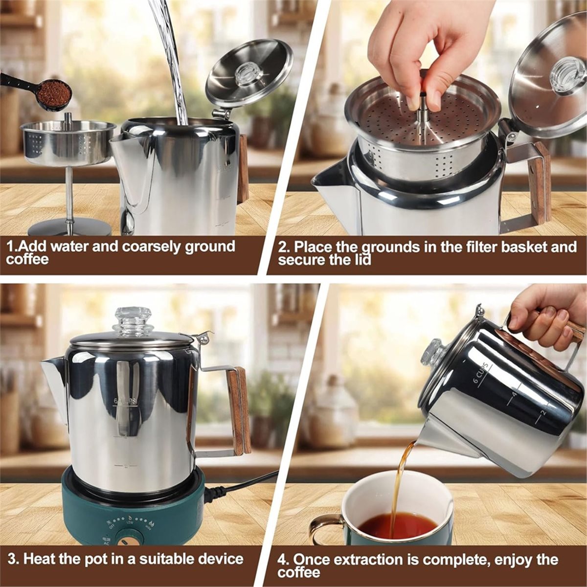 Camp Percolator Coffee - หม้อต้มกาแฟแบบเพอร์โคเลเตอร์ 6 ถ้วย ทำจากสแตนเลส 304 พร้อมหูจับ