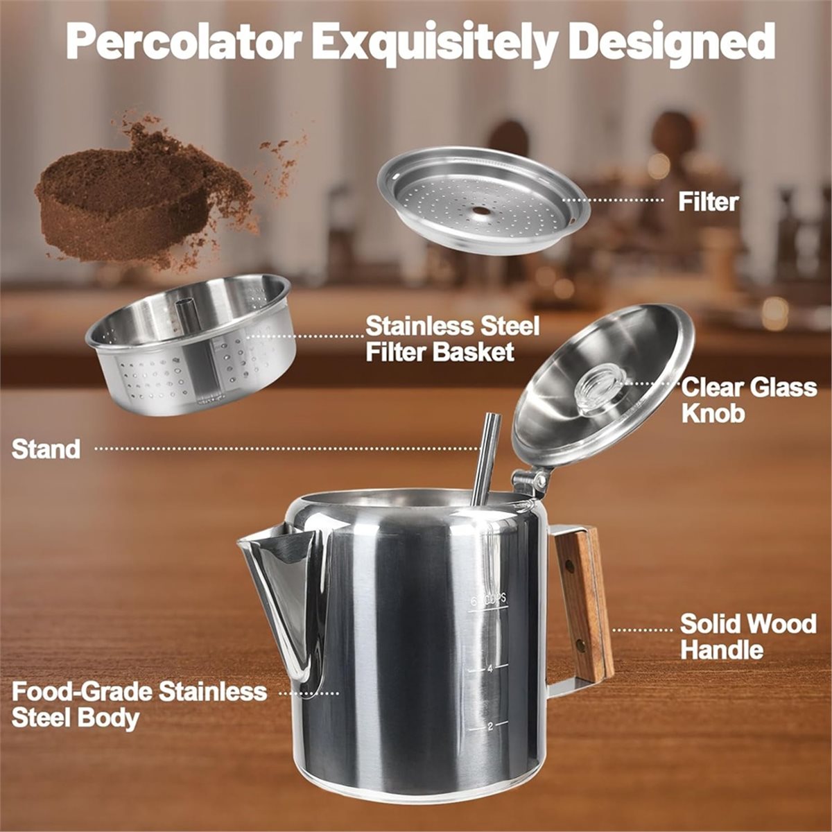 Camp Percolator Coffee - หม้อต้มกาแฟแบบเพอร์โคเลเตอร์ 6 ถ้วย ทำจากสแตนเลส 304 พร้อมหูจับ
