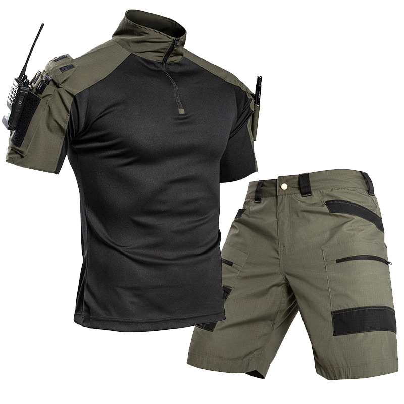 Outdoor Camping Hiking - ชุดเสื้อยืดและกางเกงขาสั้นผู้ชายสำหรับกิจกรรมกลางแจ้ง แห้งเร็ว แบบทหาร ซิปครึ่งตัว มีกระเป๋าหลายช่อง เหมาะสำหรับเดินป่า
